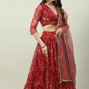 NWT BIBA Red Art Silk Lehenga Set / Indian Skirt Set | S/M Size 34